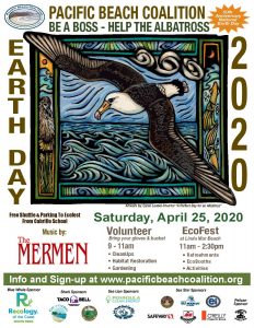 poster of information that's titled "Earth Day 2020"; a large seagull takes up most of the image above water