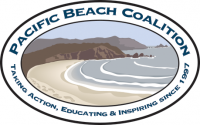 round logo that reads "Pacific Beach Coalition" and beneath it is a beach coastline with mountains in the back
