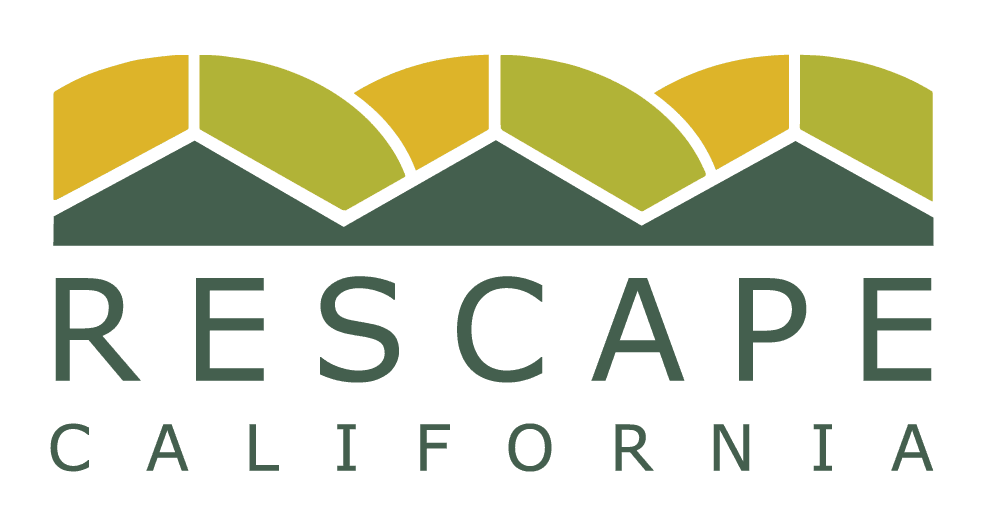 gold, green, and blue shaped into a half circle; logo reads "Rescape California"