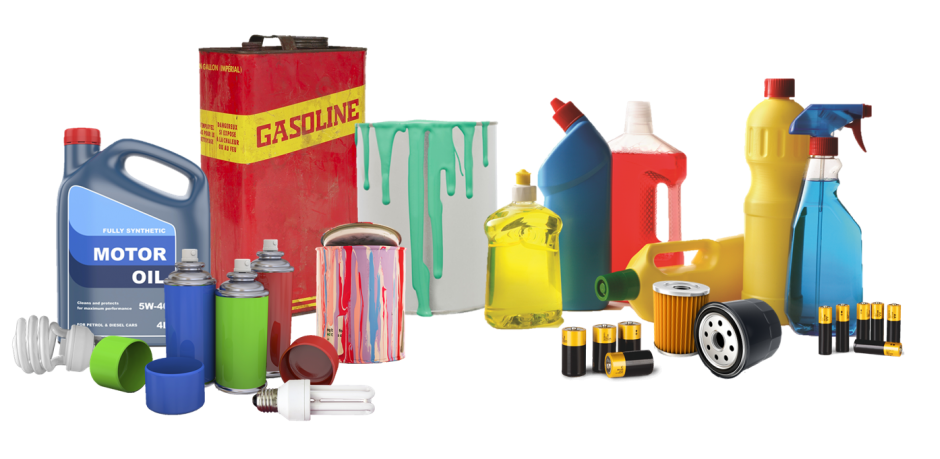icons of gasoline, motor oil, batteries, paint, house cleaning products, and other hazardous waste