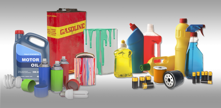 icons of gasoline, motor oil, batteries, paint, house cleaning products, and other hazardous waste
