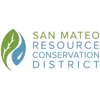 logo with white background and green and blue text that says "san mateo resource conservation district" on left of text area leaf-like and water droplet symbol next to each other in an oval shape