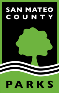 rectangular logo with green border and black background with works "San Mateo County Parks" and a green tree