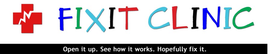 Image shows a red cross on the left and reads "Fixit Clinic" in colorful letters.
