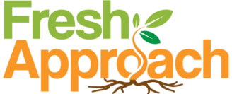 Logo with text that says "Fresh Approach" with a plant growing through the text.