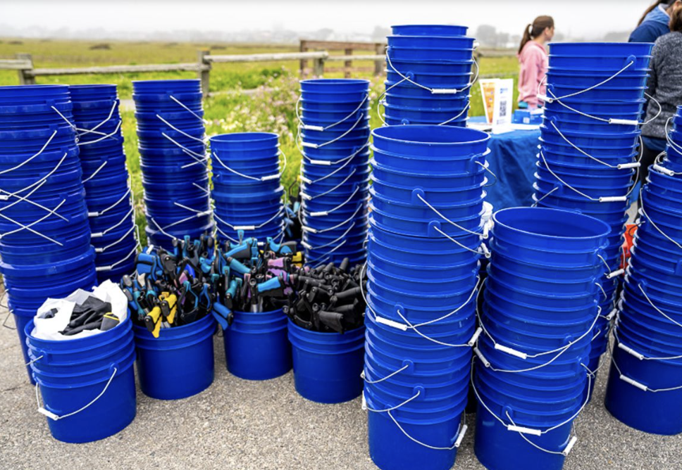Several blue buckets with gloves in them.